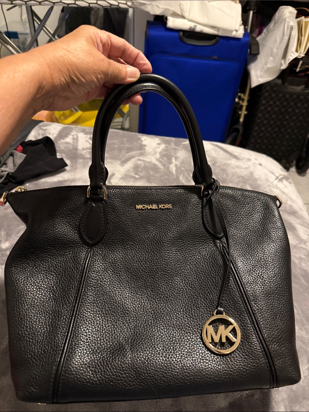 Michael Kors Black Pebbled Leather Satchel with Gold Logo Charm